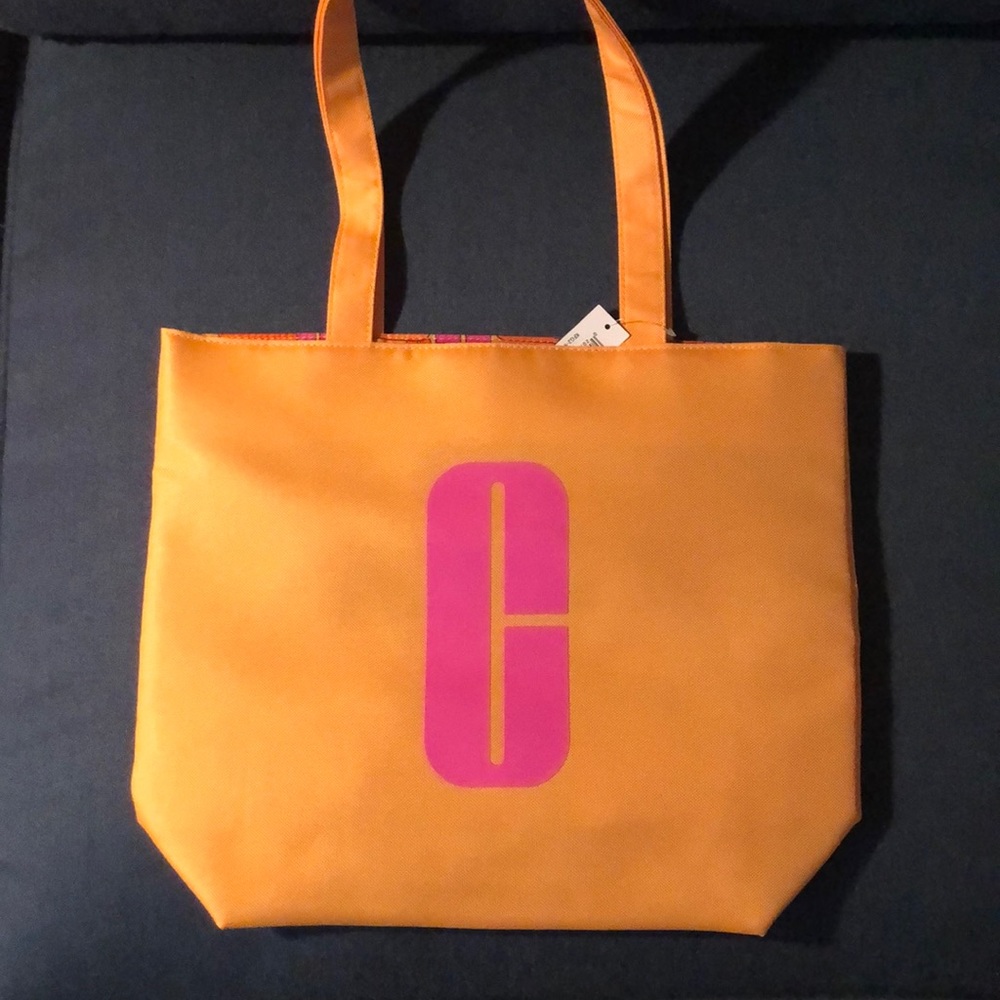 Orange tote bag.